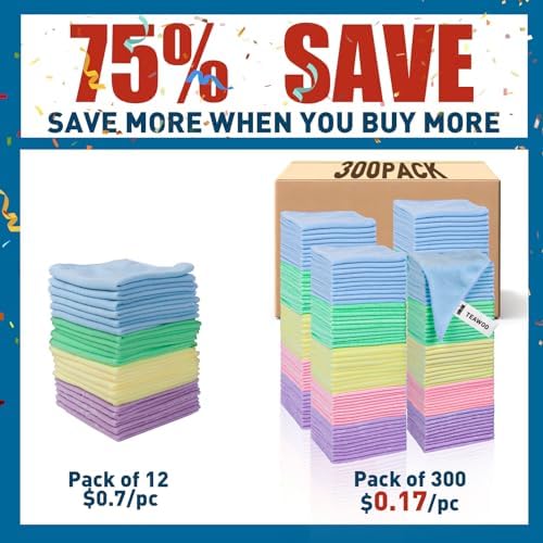 TEAWOO Microfiber Towels Bulk-300 Pack, Cleaning Cloths, Microfiber Towels for Cars, Cleaning Rags 5 Colors Assorted (12x12 inches) - Image 2
