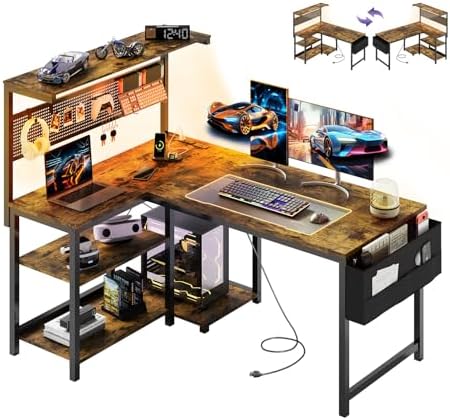 47in L Shaped Gaming Desk with Pegboard & Shelf & Storage Bag, Rustic Brown by APICIZON