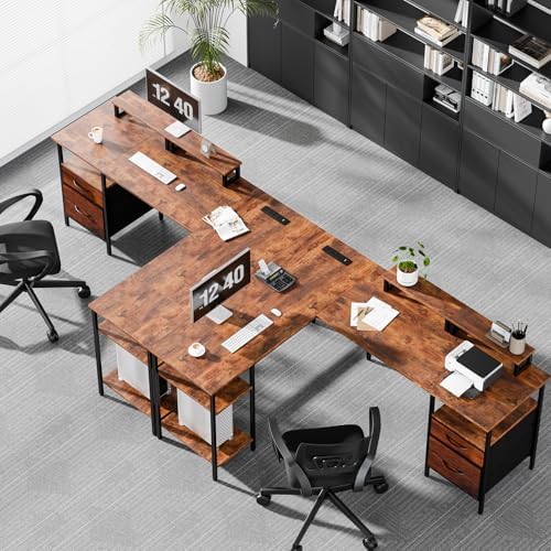 DUMOS 62" L Shaped Computer Desk with Drawers and Shelves, Rustic Brown - Image 2