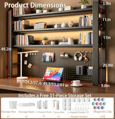 Desk Shelf Organizer with Pegboard & Storage Accessories, 2-Tier Desk Hutch Desktop Storage Rack, Desk Shelf for Office and Home Office Black Frame/Walnut Board (2-Tier) 37.4"×9.8"×26" - Image 2