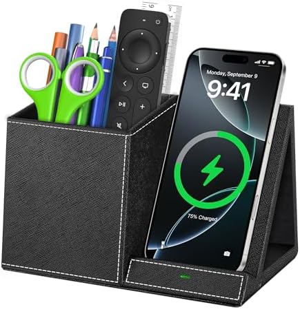 Pen Holder with Wireless Charger, PU Leather Pencil Holder for Desk, Multi-Functional Desktop Organizer, Desk Organizers and Accessories for Home School Office Supplies, Black by Investme