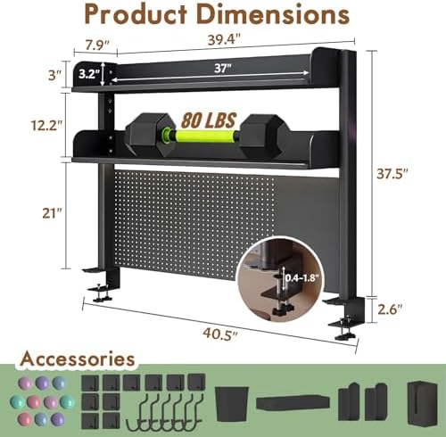 Clamp On Desk Shelf Organizer with Pegboard Desk Hutch Dorm with Storage Bookshelf Desk Top Organizer Shelf Multi-Purpose White & Black Desktop Shelves & Office Shelves (Black, W - 39.4") - Image 2