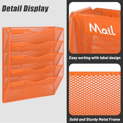 EASEPRES 5 Pocket Mesh Hanging Wall File Organizer, Wall Mounted Mail Paper Document Folder Holder, Clipboard Storage Organization Magazine Rack with Nametag Label for Office Home School, Orange - Image 4