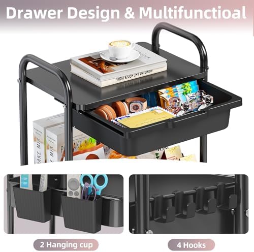 KINGRACK 3 Tier Metal Rolling Cart with Drawer, Black Utility Storage Cart - Image 5