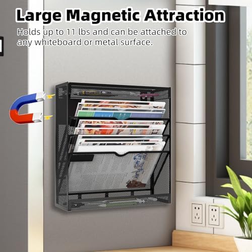 5 Tier Magnetic File Holder, No Drilling Wall File Organizer, Magazine Paper Mail Document Holder/Magnetic Hanging File Organizer for File Cabinets,Whiteboard refrigerator,Office,Classroom(Black) - Image 2