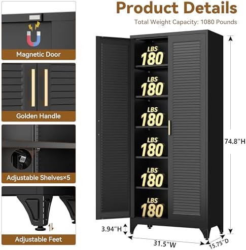 Polup 75" Pantry Cabinet, Tall Metal Storage Cabinet with Doors and Shelves - Image 3
