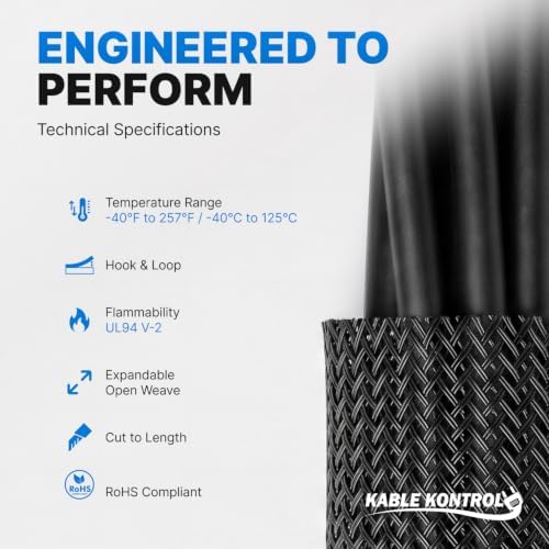 Kable Kontrol Hook & Loop Fastener Braided Sleeving 2-1/2” Inch ID 50 Feet Long – Nylon Wrap Around Side Entry Closure Sleeve Split Expandable Wire Management Sleeving for Home, Industrial Use - Black - Image 3
