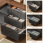 SEDETA Farmhouse L Shaped Computer Desk, 59'' Wood Office Desk with 3 Drawers and 5-Tier Bookshelf, Corner Desk with Storage Shelves and Power Outlet for Home Office Small Space, Black + Brown - Image 5