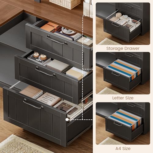 SEDETA Farmhouse L Shaped Computer Desk, 59'' Wood Office Desk with 3 Drawers and 5-Tier Bookshelf, Corner Desk with Storage Shelves and Power Outlet for Home Office Small Space, Black + Brown - Image 5