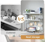 Desk Shelf, 36.8” Desktop Organizer Shelf with Grid Panel and Hooks, Desk Hutch for Computer Monitor, 2 Tier Desk Display Rack Wood Desktop Bookshelf Storage for Home Office Dorm (White, 36.8") - Image 6