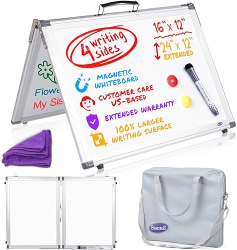 Small Dry Erase White Board – Magnetic Desktop Whiteboard - 16x12 inch 4 Sides Portable Whiteboard for Kids - Tabletop Mini Easel with Cover Bag for Office Desk, Students, Teachers by Siantell%C2%AE-Number1WhiteboardsforOrganizationandTeaching