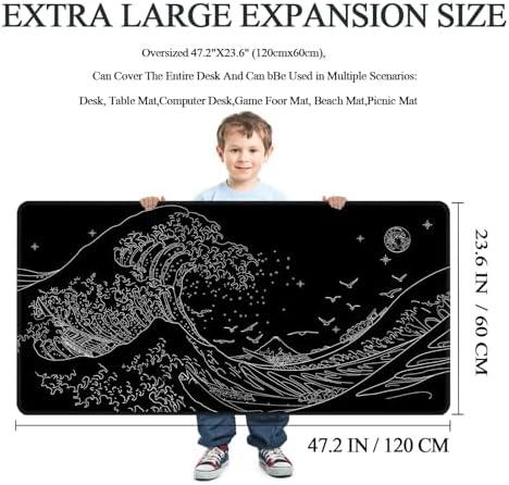 MEWOOCUE® Large Gaming Mouse Pad for Computer,Black Japanese Sea Wave Anime Mouse Mat,Long XXL Waterproof Keyboard Pads,Big Non-Slip Mouse Pads for Game Office Home（47.2 x 23.6 in） - Image 2