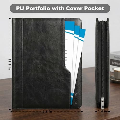 Zippered Padfolio with 3-Ring Binder & Clipboard, PU Leather Portfolio Organizer for Men Women, A4 Document Holder with Phone Pocket Pen Loops Card Slots, Professional Business Interview Folder Black - Image 3