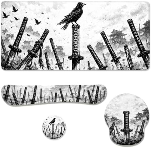 Samurai Swords Desk Mat Set Dark Warrior Art Large Mouse Pad with Wrist Rest 4in1 Desk Mat for Desktop Ergonomic Computer Desk Arm Wrist Anti-Slip Computer Ergonomic Mouse Pad Home Office Gaming by Unknown