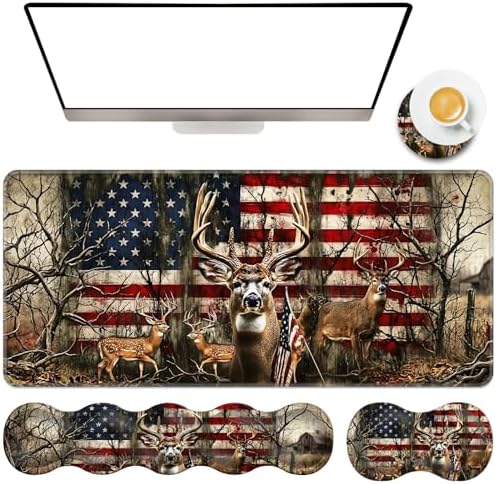 TGFEWYTJYJ Extended Gaming Mouse Pad,Memory Foam Ergonomic Keyboard Mouse Wrist Rest Support Set,Large Desk Mat with Stitched Edges,Non-Slip Base Mousepad Home Office,Camo Deer American Flag by GFEWYTJYJ