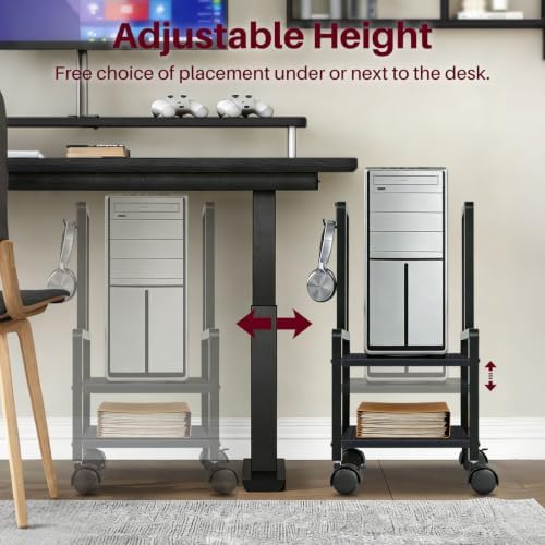Adjustable 2-Tier PC Stand, Computer Tower Stand with 360° Locking Wheels & Hooks, CPU Cart for Floor, Carpet and Under Desk, 15.2" x 11.8" x 26", Black - Image 2