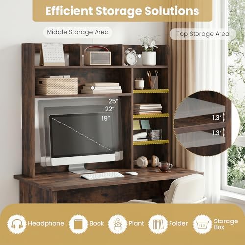 Tangkula Desktop Bookshelf with LED Lights, Desk Hutch with 8 Shelves for Max 25" Monitor, Desktop 5-Tier Display Rack, Multipurpose Wood Desktop Storage Hutch Organizer for Dorm Office Home - Image 7