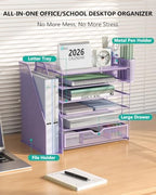 WALI Desk File Organizer, 6 Tier Desktop Paper Letter Tray Organizer with Drawer and 2 Pen Holders, Office Desk Accessories & Workspace Organizers for Office, Home Supplies(DO007DH-V), 1 Pack, Purple - Image 3