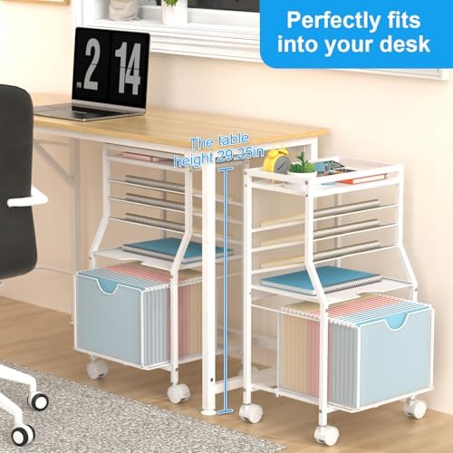 BOHDK Rolling File Cart, 6-Tier Desk File Organizer on Lockable Wheels, White Wood Planks & Mesh Sliding Hanging Folder Drawer, Organization Cart for Office Home School - Image 3