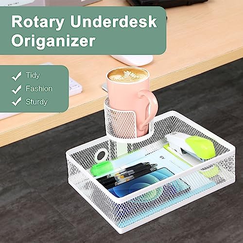 ROSYLINE Rotary Under Desk Storage Organizer with Cup Holder & Drawer Tray - Image 2