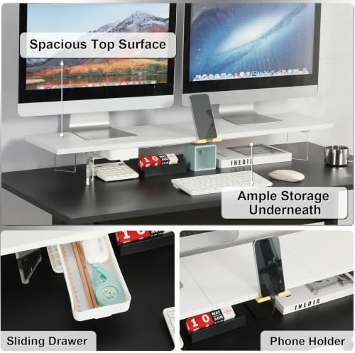 TEAMIX White Dual Monitor Stand with Acrylic Leg & Drawer & Phone Holder - Image 2