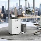 2 Drawer Filing Cabinet, Wood Rolling Filing Cabinets with Printer Stand, Under Desk Storage Lockable Wheels, Home Office Organizer for A4 Letter Legal Size Documents,White - Image 2
