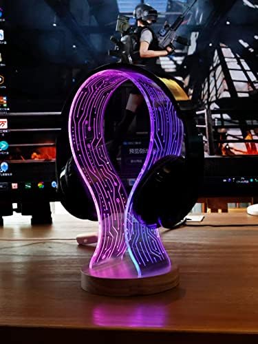 YuanDian Headphone Stand, Walnut Wood Headset Holder with Blue Pink LED Night Light for Gamers, Men, and Music Lovers - Perfect Desk Gift Idea - Image 3