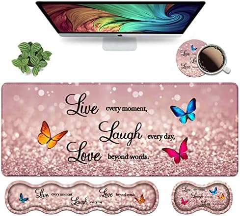 Ergonomic Keyboard Wrist Rest & Mouse Pad Wrist Rest Set, Large XXL Gaming Desk Mat 31.5"x 11.8", Non-Slip Base, Memory Foam, Easy Typing Pain Relief for Office & Home, Glitter Quote Live Laugh Love by Unknown