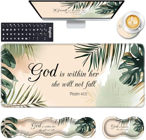 Keyboard Wrist Rest and Mouse Pad with Wrist Support Set Ergonomic Coaster,Memory Foam,Easy Typing Pain Relief,Large XL Desk Mat 31.5"x 11.8",Matcha Green Plant Abstract Bible Verse Psalm 46-5 by CICPLKSE