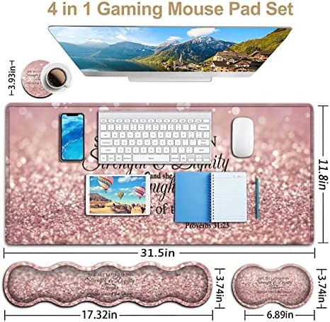 Keyboard Mouse Pad Set,Extended Gaming Mouse Pad + Memory Foam Keyboard Wrist Rest Support, Proverbs 31:25, Bible Pink Office Desk Mat Writing Pad Easy Typing Pain Relief,XXL Large Mousepad Desk Mat - Image 3