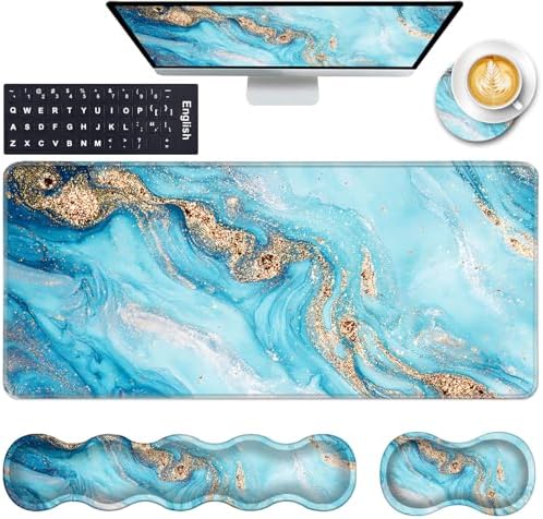 Keyboard Wrist Rest and Mouse Pad with Wrist Support Set Ergonomic Coaster,Memory Foam,Easy Typing Pain Relief,Large XL Desk Mat 31.5"x 11.8",Abstract Marble Texture by CICPLKSE
