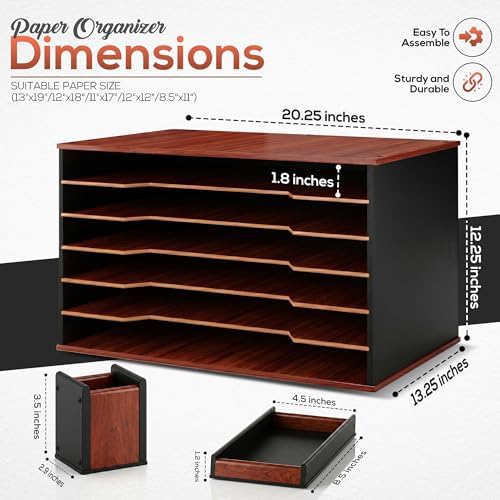 Wooden Paper Organizer Full Set, Pen Holder & Tray, 12x18, Mahogany Finish - Image 3