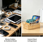 Bamboo Charging Station Organizer, Multi-Device Charging Dock with Cable Management, Phone Tablet Stand for Home Office, 5-Port USB Charger & 6 Cables Included - Image 2