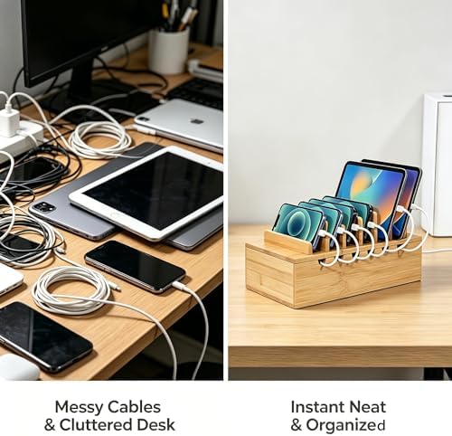 Bamboo Charging Station Organizer, Multi-Device Charging Dock with Cable Management, Phone Tablet Stand for Home Office, 5-Port USB Charger & 6 Cables Included - Image 2