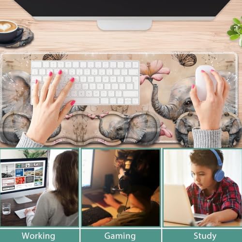 31.5"x 11.8" Oversized Gaming Mouse Pad Set, Ergonomic Keyboard and Mouse Wrist Rest + Cup Holder, Non-Slip Desktop Pad, Suitable for Home and Office Use, Cute Little Elephant Flower - Image 3