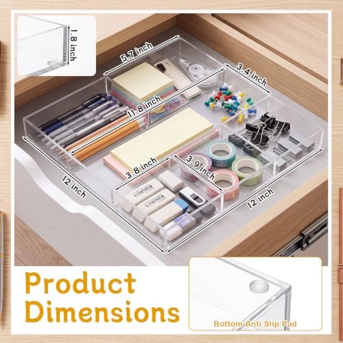 Novabright 2 Pack Acrylic Shallow Drawer Organizer with Removable Dividers 12" x 12" x 1.2" Clear Desk Drawer Organizer Tray for Shallow Drawers Makeup Brushes Cosmetics Office Supplies Non-slip Pads - Image 2