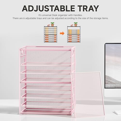 Subekyu 9 Tier Paper Letter File Tray Organizer for Desk, Pink Large Mesh Desk Folder Sorter Organizer with Handle, Include 6 Pcs Adjustable Height Slid Tray for Office Home School Supplies Storage - Image 2