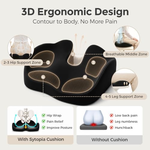 Sytopia Extra Large Office Chair Cushion, 19" x 17" Ergonomic Memory Foam Seat Cushion, Pressure Relief for Tailbone Pain, Sciatica & Hip Pain, Booster Pad for Sitting & Driving, Extra Cover (Black) - Image 4