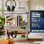 2-Tier Clamp On Desk Shelf, Clamp on Desk Shelf, 13 inch Adjustable Above or Under Wood Desk Storage Shelves, Heavy Duty Desktop Organizer for Working and Gaming Accessories, White - Image 2