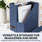 Bigso Box of Sweden Estelle Canvas Fiberboard Upright Magazine Holder and Organizer for Papers and Catalogs with Leather Handle - Magazine File Holder for Office Desks - 12.6in x 4.5in x 9.8in - Blue - Image 3
