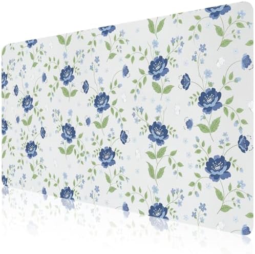 Blue Floral with Butterflies Office Desk Mat 31.5" x 15.7" Desktop Mat PU Leather Large Mouse Pad White Mousepad Non-Slip Table Mat for Girls, Women, Home, Work, Computer, and Gaming by Unknown