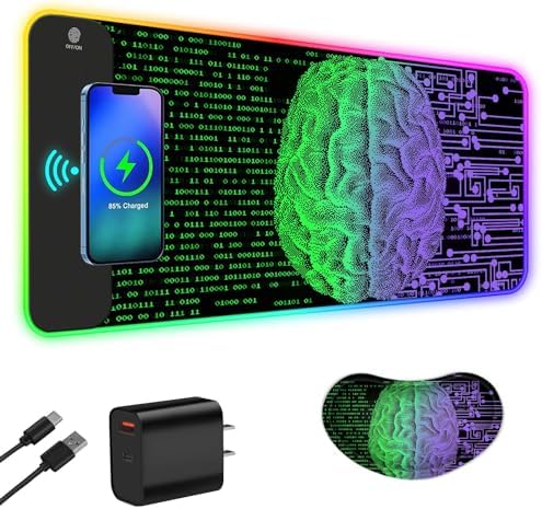 ToLuLu Wireless Charging RGB Gaming Mouse Pad, 15W LED Mouse Mat with 30W Charger, 14 Light Modes Large Mousepad Wrist Support, Non-Slip Rubber Base Desk Mat Computer Keyboard Pad, Right Left Brain by ToLuLu