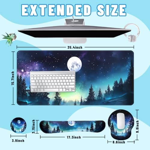 Moon Night Desk Mat Set Forest Aurora Sky Large Mouse Pad with Wrist Rest 4in1 Desk Mat for Desktop Ergonomic Computer Desk Arm Wrist Anti-Slip Computer Mouse Pad Home Office Gaming - Image 2