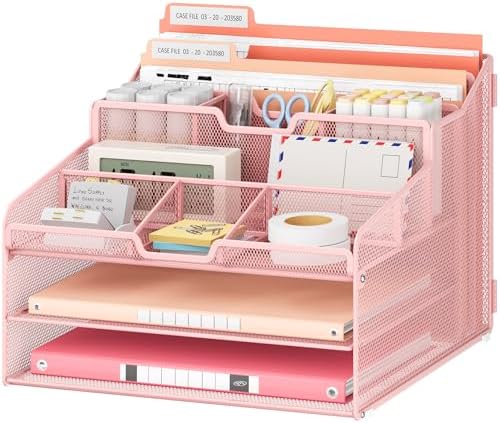 Lavatino Desk Paper File Organizer - Metal Mesh with 2 Letter Trays, 7 Flexible Dividers, 2 Vertical File Folder Holders for Office/Home/Classroom Supplies, Desk Organizers and Accessories, Pink by Lavatino