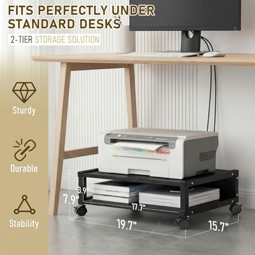 Zonon 2 Tier Printer Stand Under Desk with Wheels, Open Shelf Style, Black - Image 2