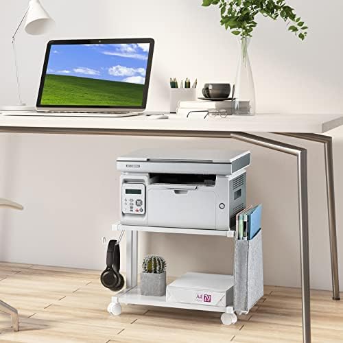 Printer Stand Under Desk Printer Table with Wheels 2 Tier Small Printer Cart with Storage Bag Desktop White Printer Stands for Home Office Fax Machine Scanner Files (White) - Image 6