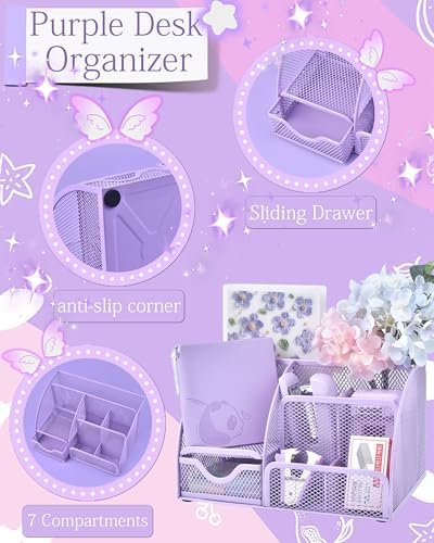 23pc Purple Desk Accessories and Organizers with Mesh Organizer Stapler Tape Dispenser Calculator and a Lot of Office Purple Office Supplies Beautifully Presented in a Gift Box - Image 2