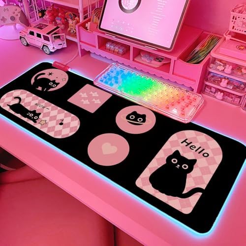 JMIYAV Pink RGB Gaming Mouse Pad 31.5x12 Inch PC XL Large Extended Glowing Led Light Up Desk Pad Non-Slip Rubber Base Computer Cute Mousepad Mat Desk Accessories Gaming Setup Hello Cat by JMIYAV