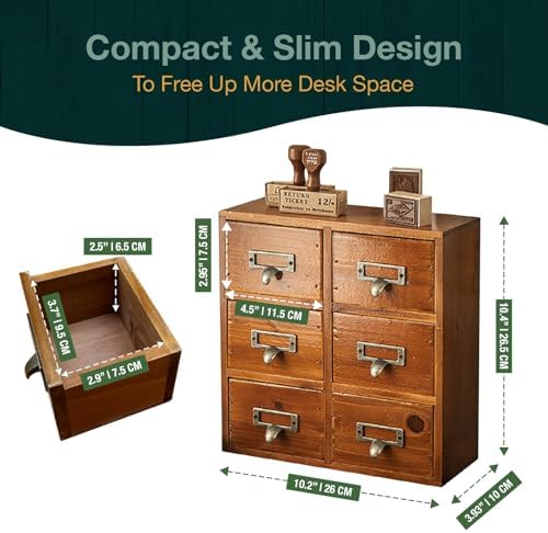 Vintage Card Catalog Drawers for Desktop - 6-Drawer Mini Wood Desktop Cabinet for Office Study Table - Solid Wood Storage Drawers for Table - Mahogany Wood Organizer Cabinet Drawers, Fully Assembled - Image 2