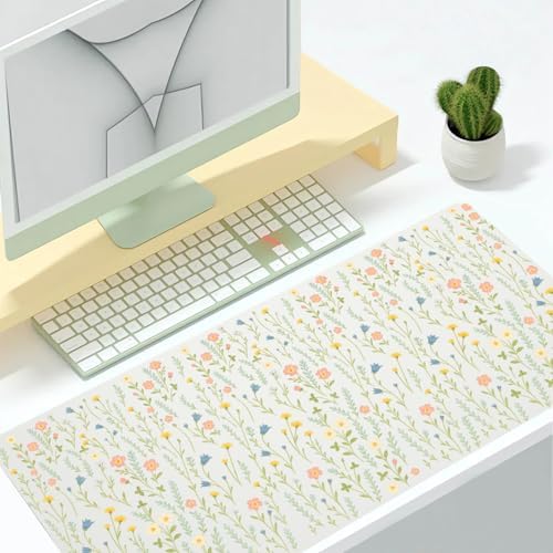 Watercolor Ditsy Floral Office Desk Mat 31.5" x 15.7" Desktop Mat PU Leather Large Mouse Pad White Mousepad Non-Slip Table Mat for Girls, Women, Home, Work, Computer, and Gaming - Image 2